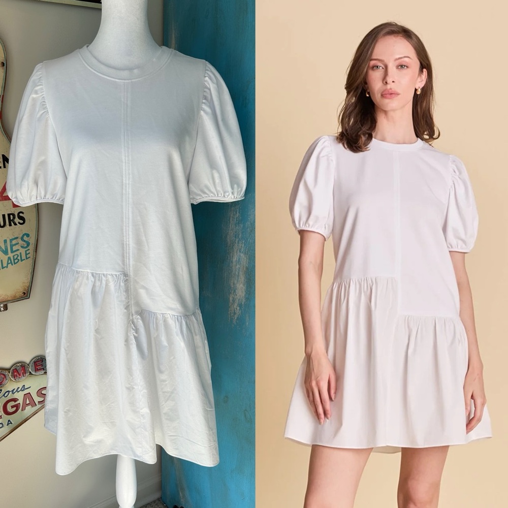 English Factory White Knit Woven Mixed Media Asymmetrical Dress